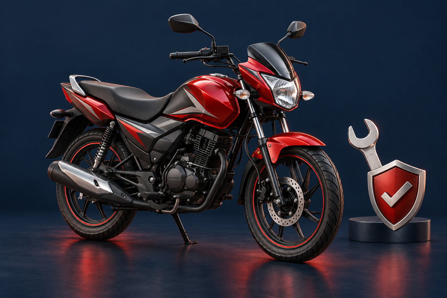 Red commuter motorcycle with a service wrench and a protective shield